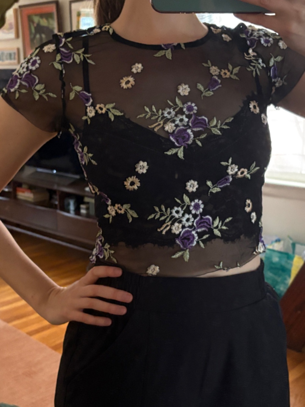 Black Sheer Mesh Crop Top with Purple Floral Embroidery